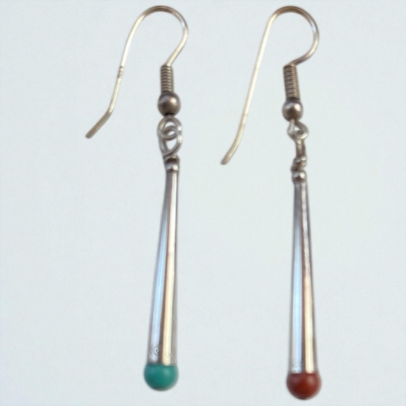 Signed Carolyn Pollack Silver Cone Shaped Drop Earrings w Turquoise and Coral - Picture 4 of 7